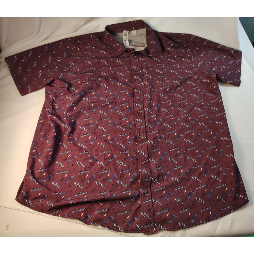 Projek Raw Mens 3XT Burgundy Race Car Print Short Sleeve Button Down Shirt